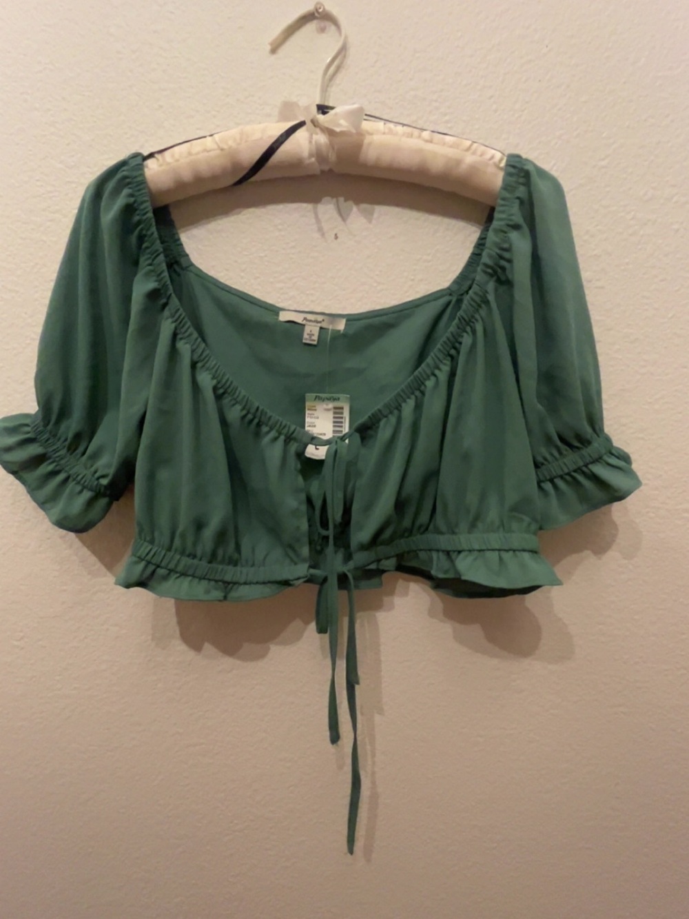 Papaya Sage Green Tie-Front Puff Sleeve Crop Top
